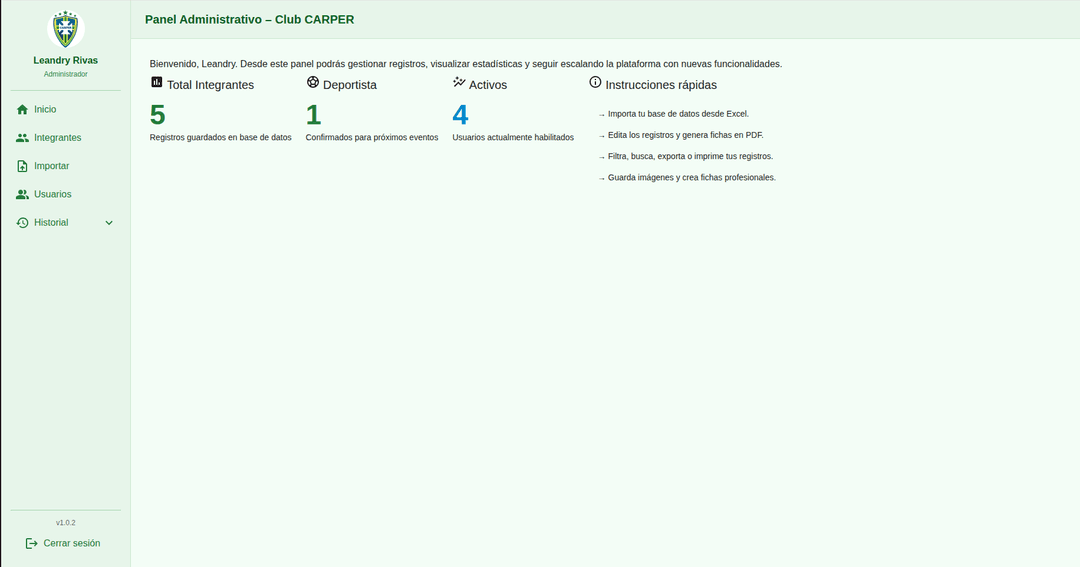 Panel Administrativo Club Carper
